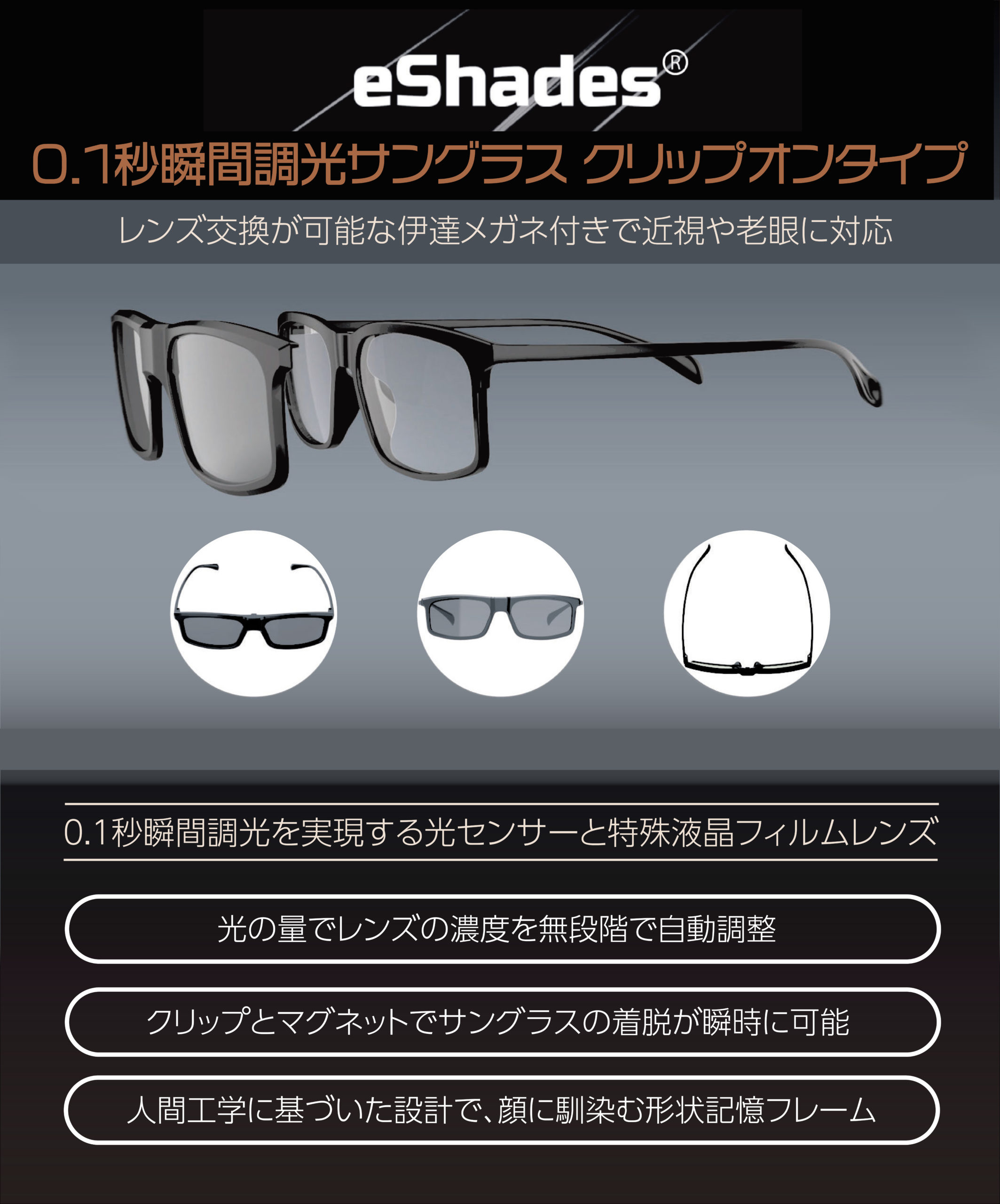 Eshades 0 1秒瞬間調光サングラス クリップオンタイプ Wicue Direct Eshades 0 1秒瞬間調光サングラス クリップオンタイプ Wicue Direct